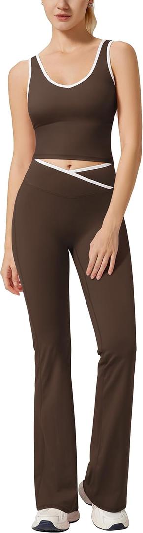 RXRXCOCO Women's Workout Sets 2 Piece Flare Leggings Butt Lifting Crop Tank Top Matching Set Colorblock Gym Yoga Outfits (Brown, XS)
