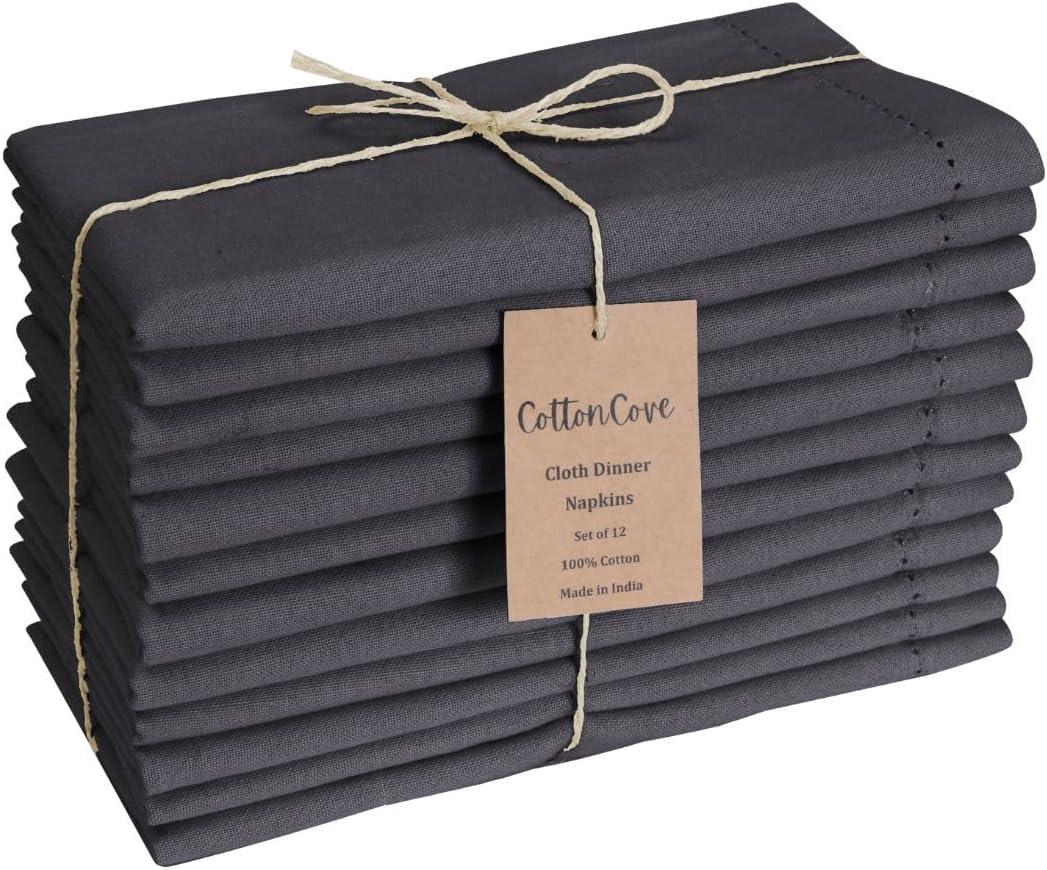 Hemstitch Cloth Dinner Napkins Cotton Set of 12 - Soft Durable Washable - Ideal for Farmhouse Parties Wedding Christmas Easter - Perfect Everyday Use Table Cloth Napkins 18x18 Grey
