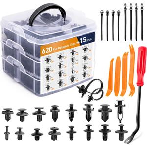 GOOACC 635Pcs Car Push Retainer Clips & Auto Fasteners Assortment -16 Most Popular Sizes Nylon Bumper Fender Rivets with 10 Cable Ties and Fasteners Remover for Toyota GM Ford Honda Acura Chrysler
