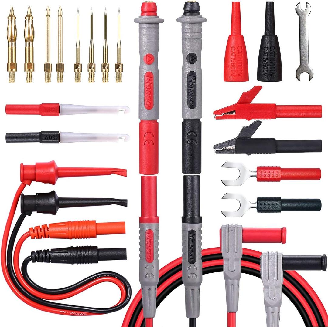 Bionso 25-Piece Multimeter Leads Kit, Professional and Upgraded Test Leads Set with Replaceable Gold-Plated Multimeter Probes, Alligator Clips, Test Hooks and Back Probe Pins