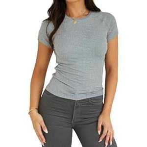 Dwnval Women's Basic Summer Short Sleeve Crewneck T Shirt Raglan Ribbed Knitted Slim Fit Casual Going Out Tops L