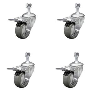 Polyurethane Swivel Threaded Stem Caster Set of 4 w/3" x 1.25" Gray Wheels and 1/2" Stems - Includes 4 with Total Lock Brakes - 1200 lbs Total Capacity - Service Caster Brand