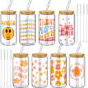 Umigy 8 Pcs Cute Glass Cups with Bamboo Lids and Straws Groovy Retro Ice Coffee Cup 16 oz Smile Face Daisy Glass Beer Cups Drinking Jars with Cleaning Brushes for Christmas Gift Party Supplies