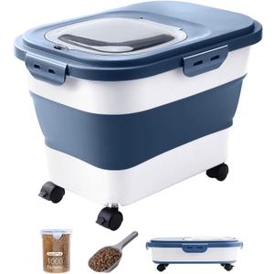 20-23 Lbs Dog Food Storage Container - Collapsible Dog Food Container with Wheels Airtight Lids, Scoop and Silicone Bowl, Pet Food Storage Dry Food For Dog, Cats and Other Pet (Blue)
