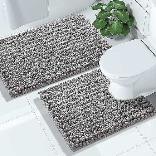 Yimobra Bathroom Rugs Sets 2 Piece - Quick Dry Extra Thick Luxury Chenille Bath Mat, Non Slip Super Absorbent for Tub Shower Sink, Machine Washable Shaggy Floor Mat, 24"x17+24"x20" Inch, Grey