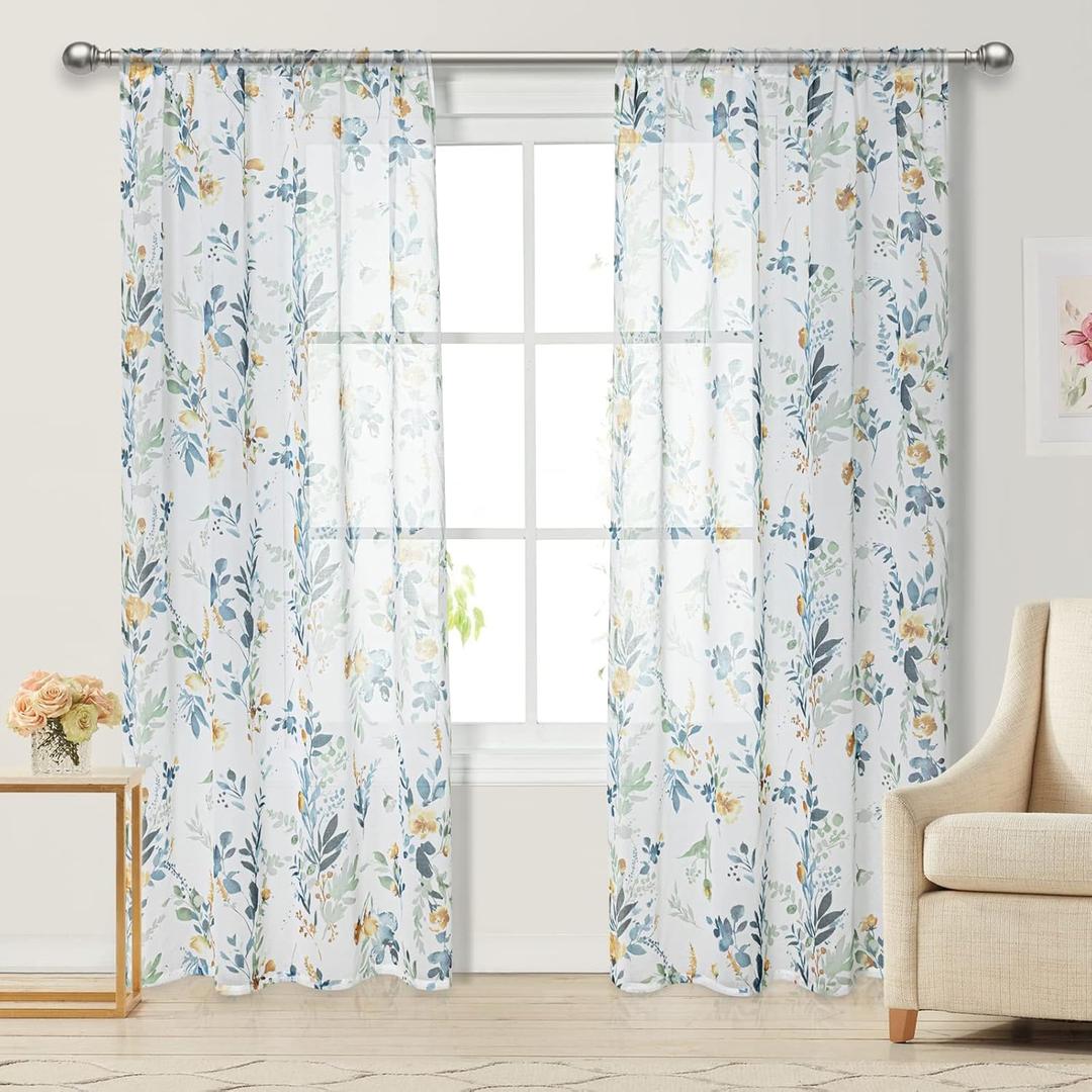 MYSKY HOME Floral Curtains for Living Room 84 inches Long Classic Printed Flower Leaf Sheer Curtains for Bedroom, Bathroom, Rod Pocket Window Drapes Yellow and Blue, 2 Panels, 52 x 84 inch