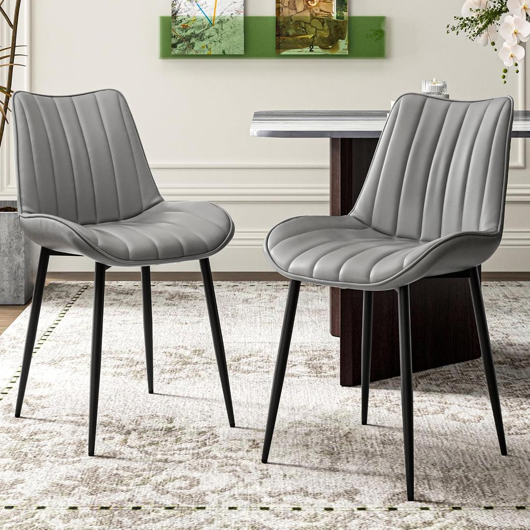 Dining Chairs Set of 2, Vegan Leather Fabric & Metal Frame, Mordern Style for Kitchen, Living Room, Offcie, Light Grey