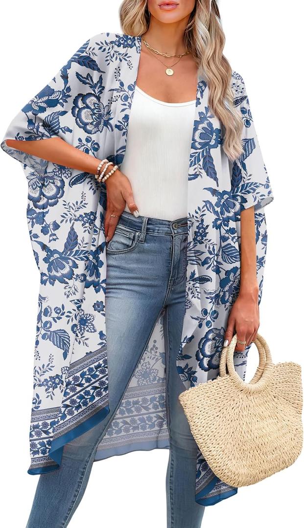 OFEEFAN Kimonos for Women Swimsuit Coverup Beach Casual Loose Cardigans for Swimwear (Blue, M)