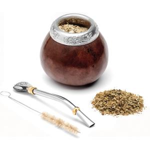 BALIBETOV Yerba Mate Gourd Set (Original Natural Handmade Yerba Mate Cup Argentina) - Includes Mate Tea Cup, Bombilla (Mate Straw) and Clean Brush - Classic Mate Cup and Bombilla (Dark Brown)