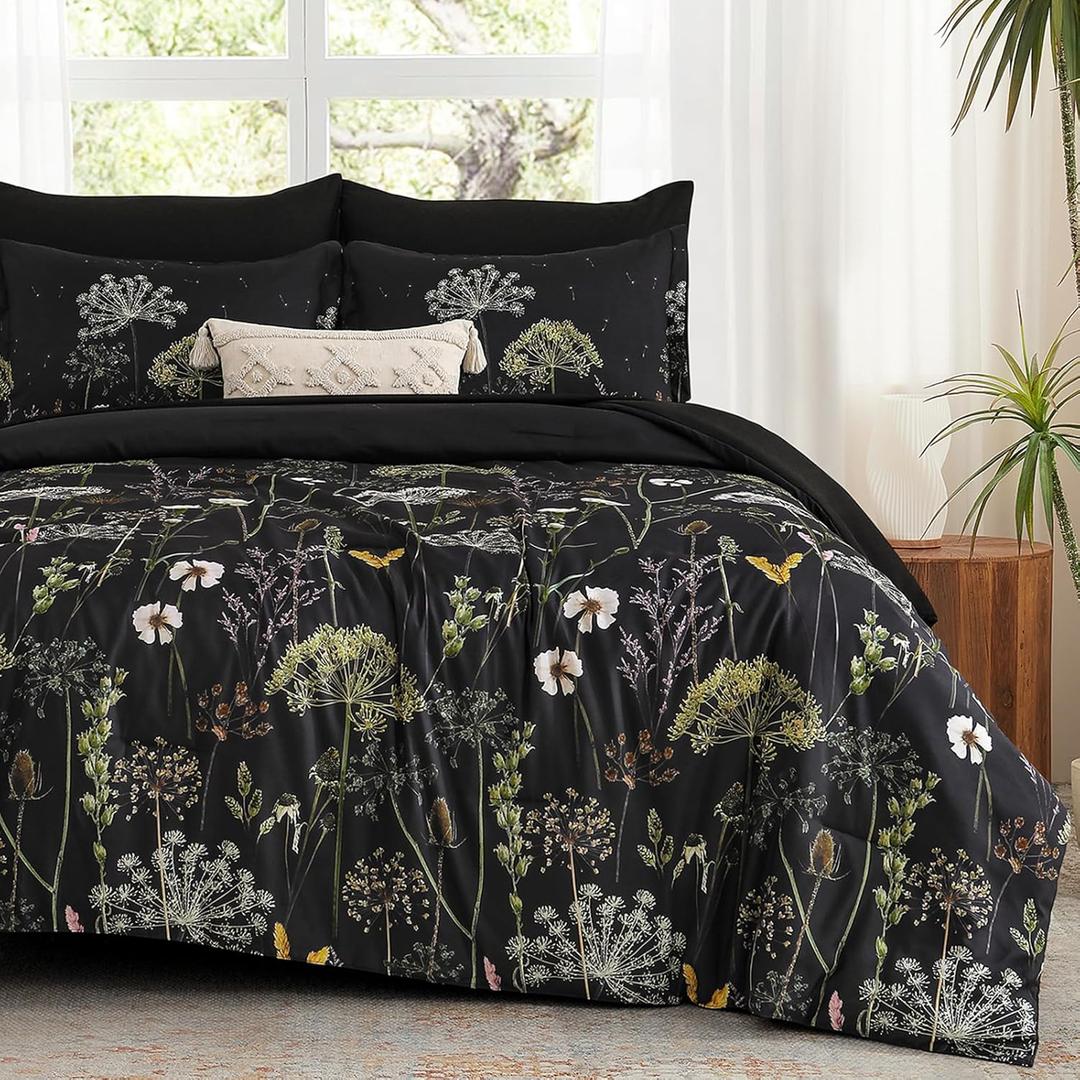 Yiran Queen Comforter Set, 7 Piece Black Dandelion Floral Comforter Bedding Set, Winter Bed in a Bag Queen, Soft Microfiber Complete Bedding Set with Sheets for All Season (Queen (90"x90")) Black