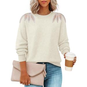 ZESICA Women's Fall Long Sleeve Sweaters 2026 Crew Neck Knit Loose Dressy Pullover Tops Winter Trendy Outfits, Apricot, Small