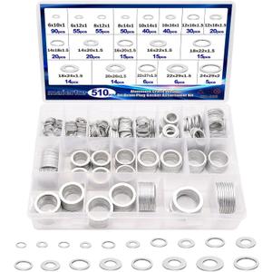 510PCS Crush Washer Oil Drain Plug,18 Sizes Aluminum Oil Drain Plug Gasket Assortment,Automotive Engine Crush Washers (M6 M8 M10 M12 M14 M16 M18 M20 M22 M24)