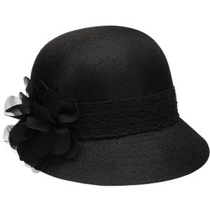Women's Gatsby Linen Cloche Hat with Lace Band and Flower, Color: Black, one size