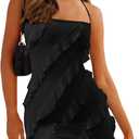 oten Women's Sexy Halter Backless Spaghetti Strap Sheath Bodycon Ruffle Cocktail Club Party Mini Dresses (Black) S