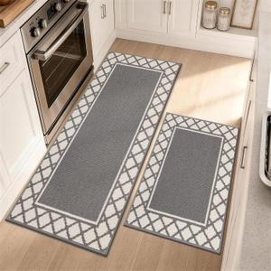 COSY HOMEER Washable Kitchen Rugs Sets of 2 Non-Slip Kitchen Mats,Grey, 20"x30" + 20"x48"