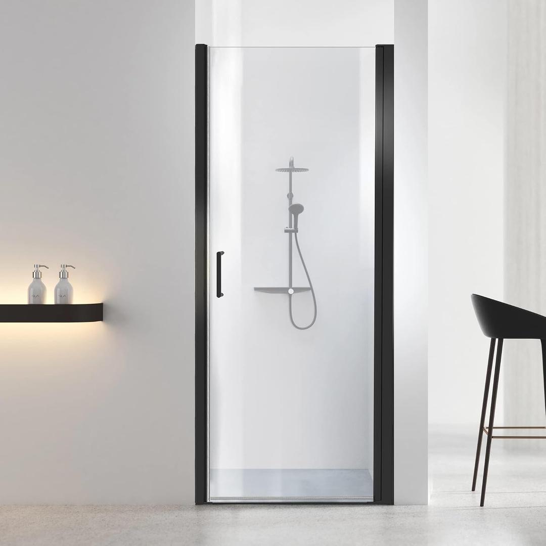 Bathroom Shower Door, Frameless Tempered Glass Shower Door, 36W x 72H Shower Panel, H-Type Single Shower Swing Door, Matte Black Finish with Handle