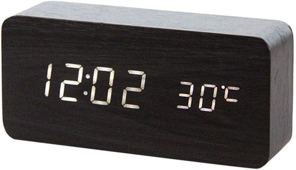 Multicolor Sound Control Wooden Wood Square LED Alarm Clock Desktop Table Digital Thermometer Wood USB/AAA Date Display (B1)