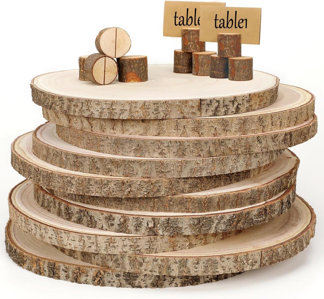 10 Pieces 8-9 Inch Wood Slices, Round Natural Wood Slices with Wood Table Number Holders and Cards, for Weddings, Table Centerpieces Decor, Parties, Christmas and Family Gatherings, and Other DIY Projects