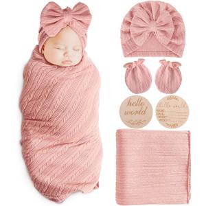 AQOKKA Newborn Receiving Blanket with Bow Hat Mittens Wooden Card Set Wheat-Pattern Newborns Toddler Baby Boy Girl Nursery Swaddle Wrap