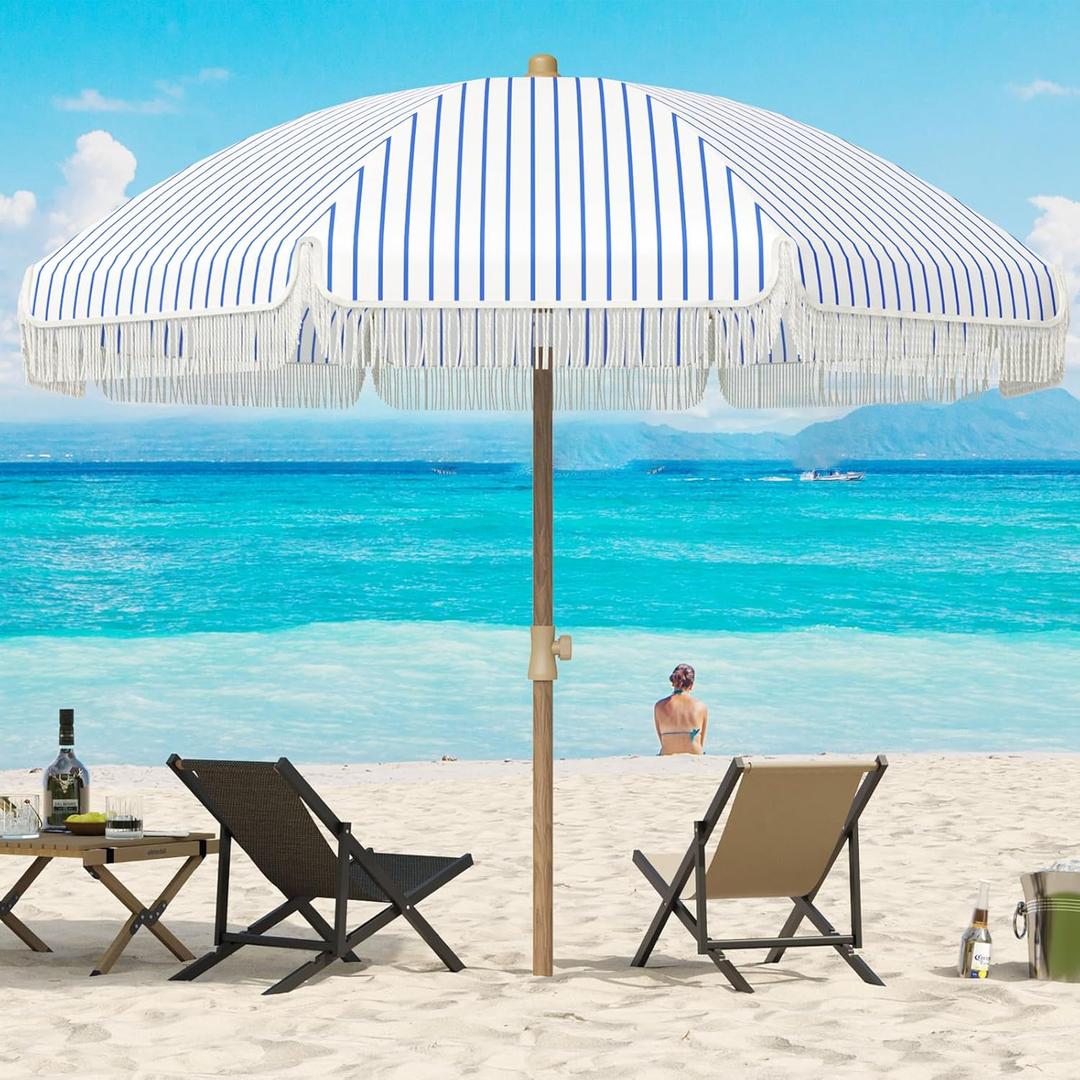 Aoxun 7ft Patio Umbrella with Fringe Outdoor UV 50+ Protection Picnic Umbrella with Aluminum Pole, Ribs Push Button Tilt and Carry Bag (7ft, Blue Stripes)
