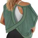Panadila Womens Open Back Workout Top Oversized Workout T Shirts Backless Athletic Shirt Short Sleeve Baby Tee (Large, Army Green)
