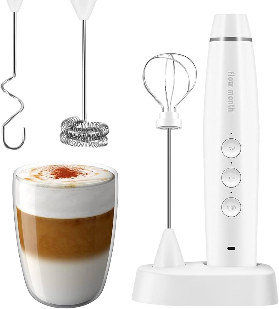 Milk Frother Handheld Rechargeable Foam Maker for Lattes,Electric 3 Whisks Drink Mixer for Bulletproof Coffee, Mini Foamer for Cappuccino Frappe Matcha Hot Chocolate (White 3.0)