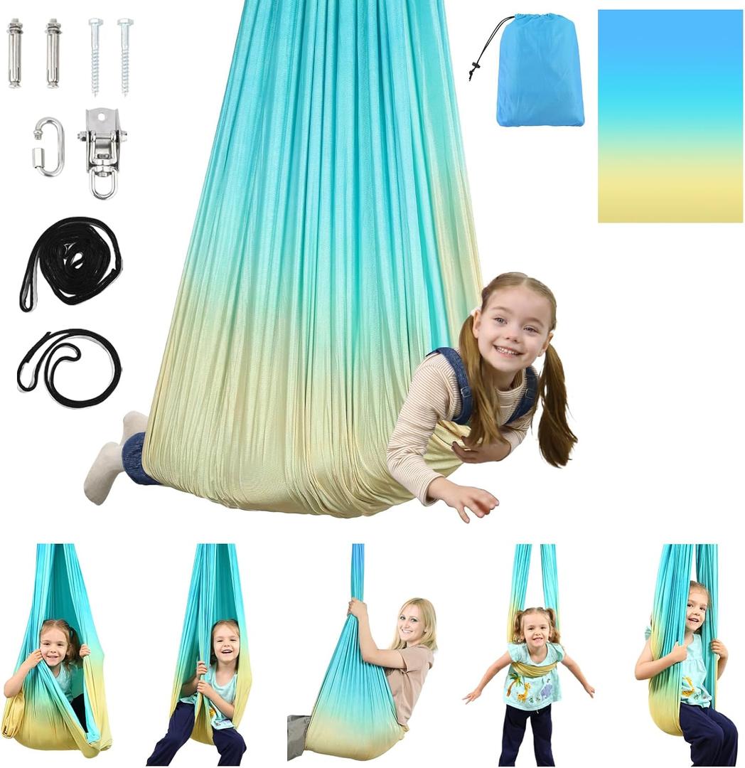 Sensory Swing, Indoor & Outdoor Sensory Swing for Kids & Adults, Double Layer Therapy Cuddle Swing for Kid with Autism, Holds up to 300lbs, Blue (Green)