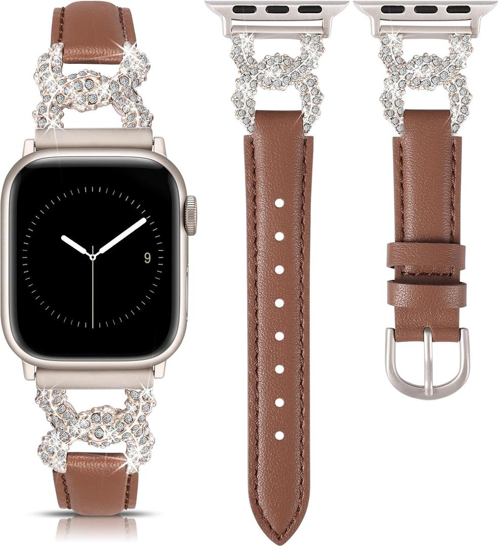 TOYOUTHS Leather Band Compatible with Apple Watch Bands Women 42/ 44/ 45/ 49mm Ultra Dressy Designer Bling Diamond Buckle Thin Leather Strap for iWatch Band SE Series 9/ 8/ 7/ 6/ 5/ 4/ 3/ 2/ 1, Brown/ Starlight