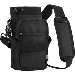 Nuovoware Water Bottle Carrier, 40oz Bottle Carrier Sports Insulated Water Bottle Holder with Adjustable Shoulder Strap, 2 Pockets Flask Sling Bag Drawstring Pouch for Climbing Hiking Walking (Carbon Black)