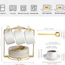 YOLIFE Espresso Cups with Saucers Set and Gold Metal Stand, 4oz Coffee Espresso Cups Set of 6, Ceramic Expresso Shots Cup with Stand & Saucers, White