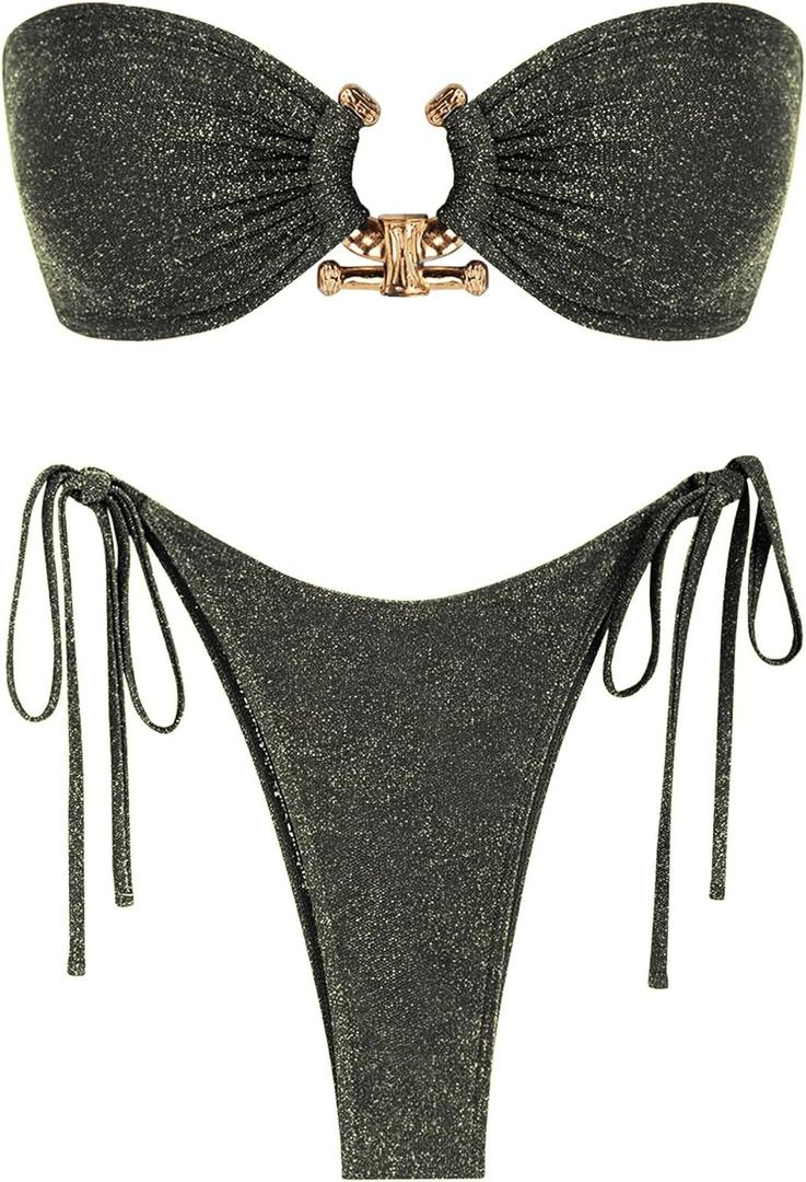 ZAFUL Metal Ring Bandeau Bikini Set Tie Side Bathing Suit High Cut 2 Piece Swimsuit Cutout Swimwear (Small, Metallic Shiny Black)