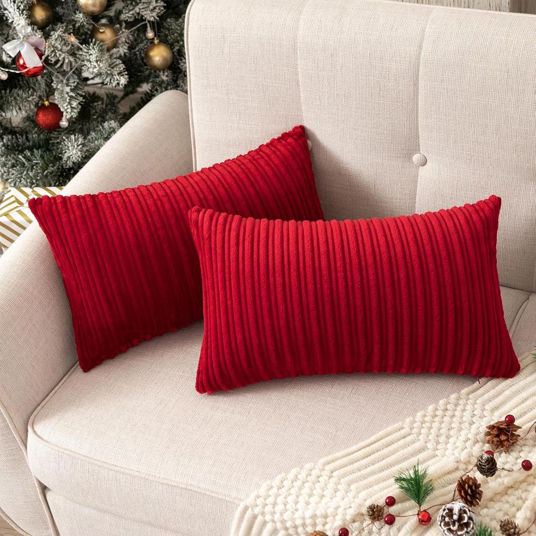 UGASA Pack of 2 Christmas Velvet Pillow Covers Striped, Soft Textured Throw Cushion Accent Corduroy Lumbar Hidden Zipper for Home Decor Indoor (12"x20", Burgundy)