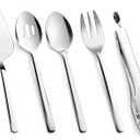 KINGSTONE Large Hostess Serving Utensils Set,18/10 Stainless Steel Heavy Duty 10inch Serving Spoons,Slotted Spoons,Serving Fork,Serving Tongs, Cake Pie Server For Buffet, Wedding, Party (5, Silver)