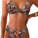 Fanuerg Women's Triangle Bikini Sets O Ring Linked Two Piece Swimsuits Floral Printed Cheeky Bathing Suit, Size XS