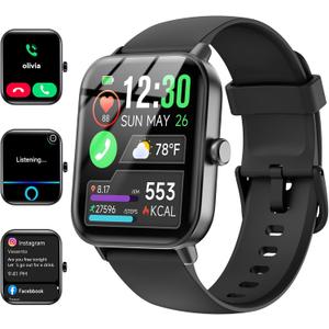 Smart Watches for Women/Men, Smart Watch for Android Phones and iPhone Compatible, Alexa Built-in, 1.8" Fitness Watches for Women, IP68 Waterproof /Bluetooth Call, Heart Rate/Sleep Monitor, Black