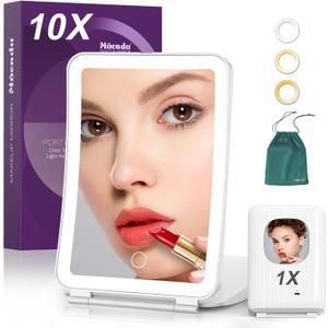 Mocado Travel Makeup Mirror with Light, 1x/10x Magnifying Mirror with Light, 3 Colors Lighted Magnifying Mirror, 2000mAh Rechargeable Lighted Makeup Mirror, Dimmable Touch, Memory Function (White)