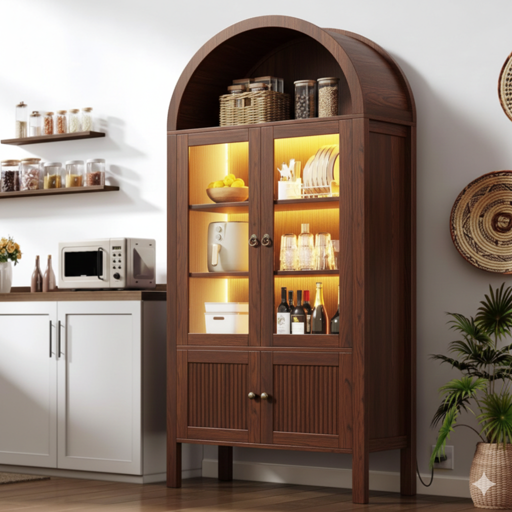 DWVO 71" Tall Arched Cabinet Kitchen Pantry with LED Light/Wood Kitchen Storage Cabinets with Tempered Glass Doors and Adjustable Shelves/Bookcase Cabinet with Storage for Dining Room-Black