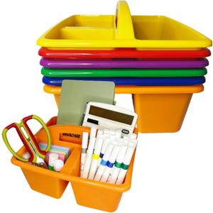 6 Pack Classroom Caddy with Handle, Plastic Storage Caddy Organizer with 3 Compartments, Desk Caddies Portable Storage Bin for Pencil, Crayon, Marker, Home, Office, Classroom Supply, Rainbow Colors