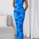 PRETTYGARDEN Women's Summer Maxi Floral Dresses Ruched Bodycon Sleeveless Mesh Formal Wedding Guest Cocktail Split Long Dress (Blue, Small)