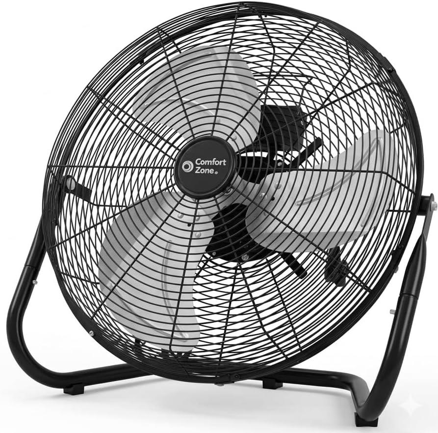 Comfort Zone 18-Inch High-Velocity Industrial Floor Fan, Heavy-Duty 3-Speed Metal Shop Fan with 180 Adjustable Tilt & Carry Handle, Quiet Vibration-Free Cooling for Garage, Workshop, & Home