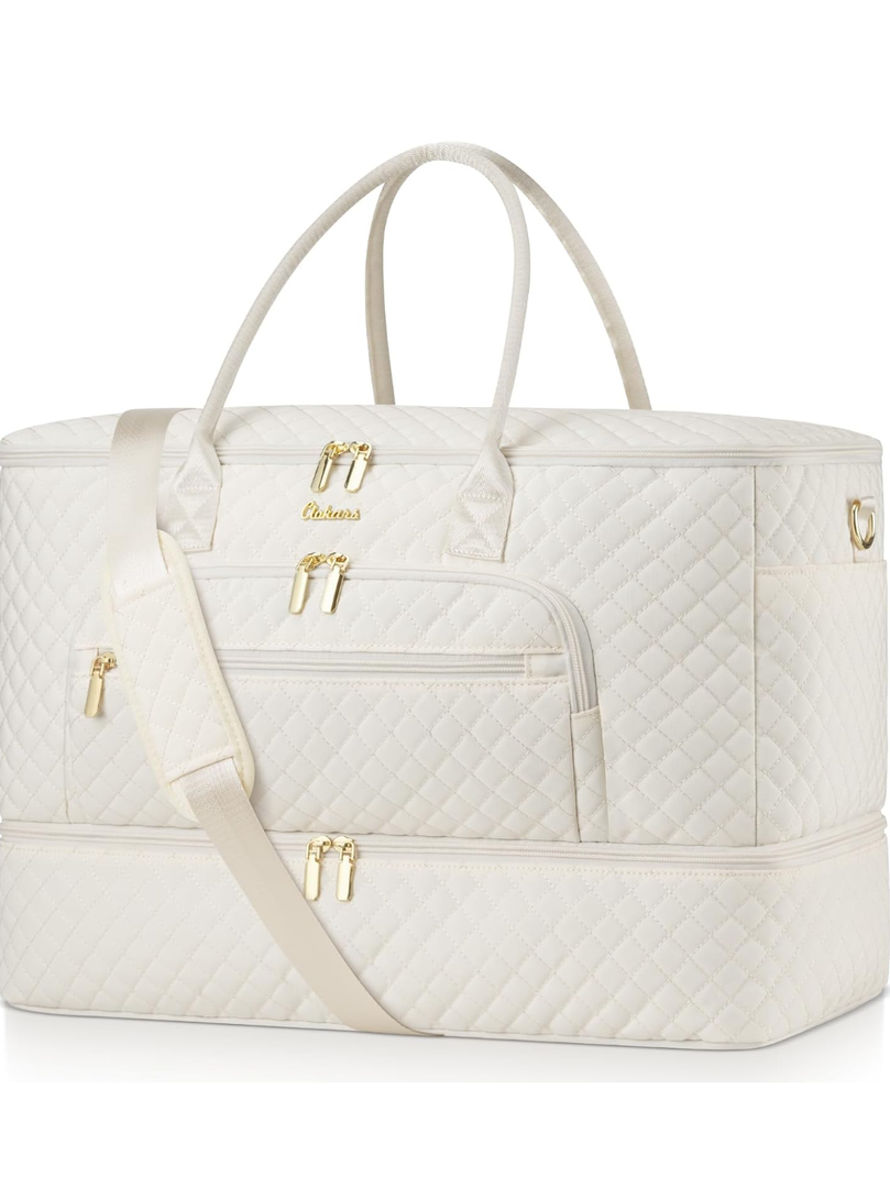 Travel Duffle Bag, Wide Open Large Weekender Bag for Women with Shoe Compartment, Carry on Overnight Bags with Toiletry Bag, Hospital Bag for Women Labor Delivery with Wet Pocket (Beige)