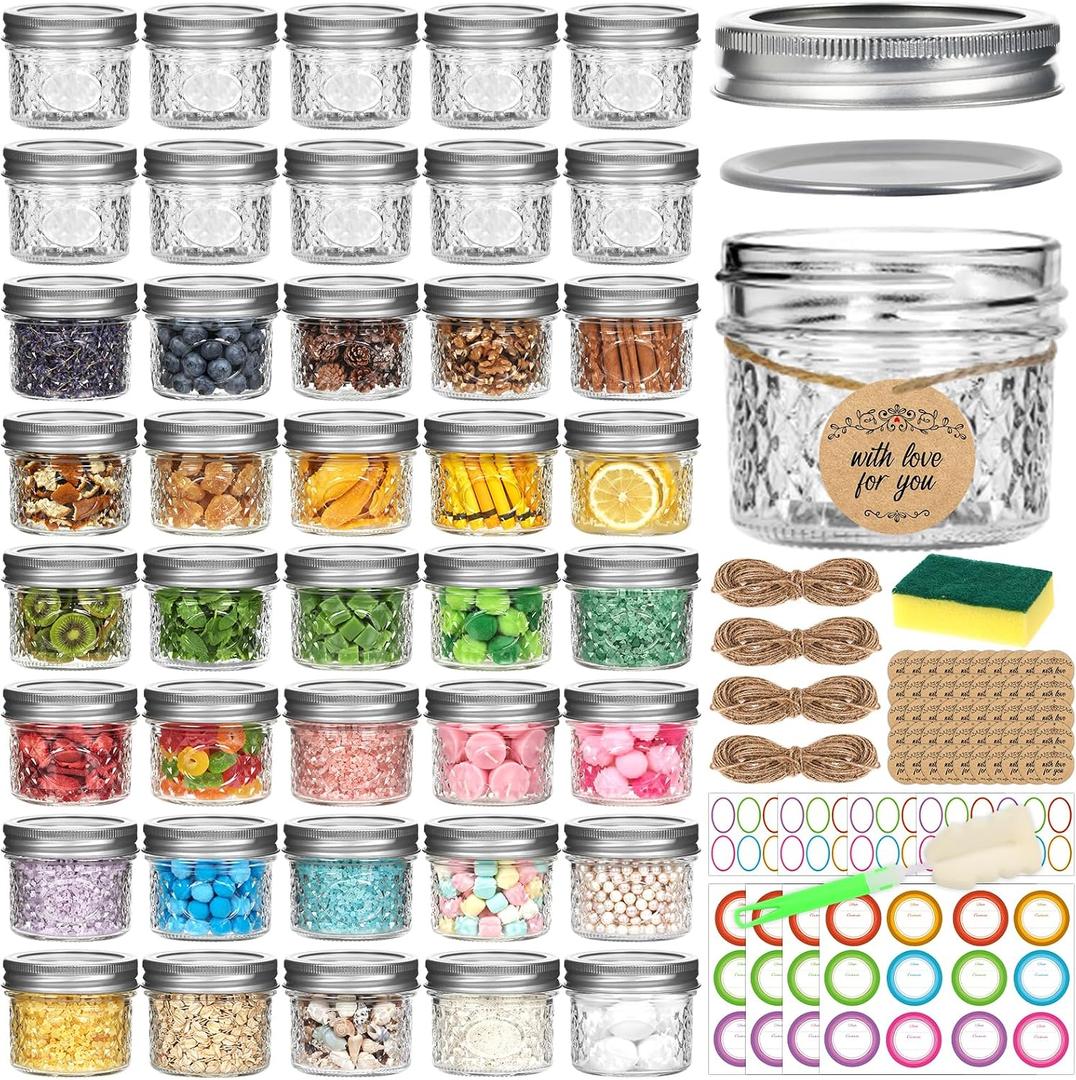 4 oz Glass Mason Jars with Airtight Silver Lids and Bands, 40-Pack with Stickers, Tags & Twines, Mini Canning Jars for Jams, Honey, Spices, Dried Snacks, DIY Crafts, Wedding Favors
