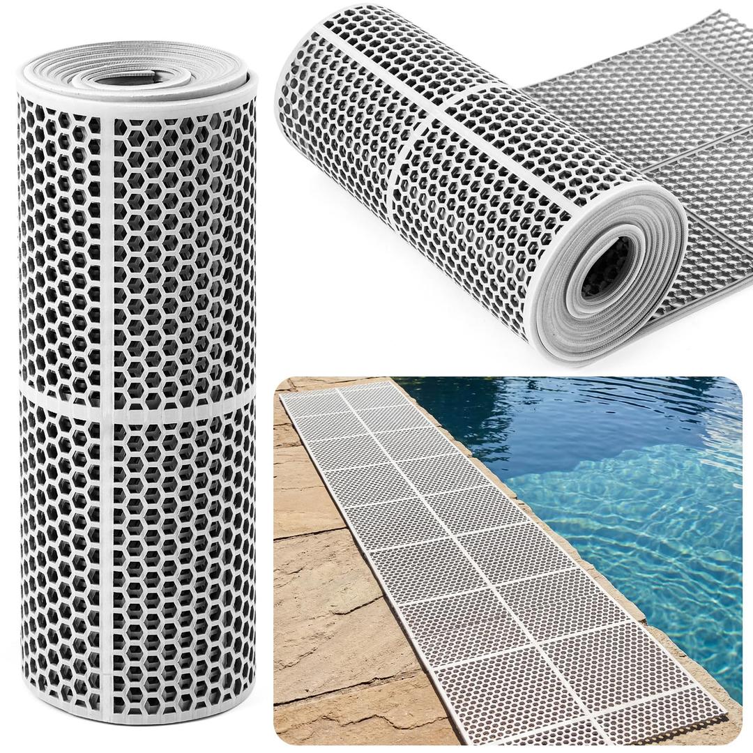 Tinideya 1 Roll Drainage Pool Floor Mat, Non Slip PVC Swimming Pool Mat, Slim Width Waterproof Flooring Accessories Easy to Cut for Outdoor Indoor Deck Shower Balcony Garage Home Use (Grey,1 x 10 ft)