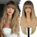 Blonde Wig with Bangs, 4x4 Realistic Scalp, Free Parting, Long Ombre Blonde Layered Wigs for Women, Realistic Natural Looking Heat Resistant Synthetic Wigs for Daily Party Cosplay Use 26Inch