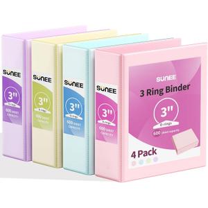 SUNEE 3 Ring Binder 3 Inch 4 Pack, 3" Large Clear View Binders Three Ring PVC-Free (Fit 8.5x11 Inches) for School or Office Supplies, Assorted Pastel