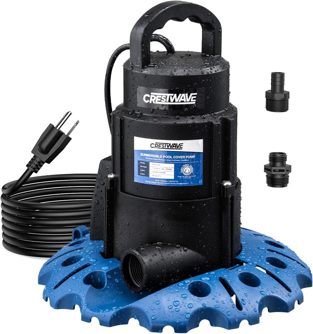 CrestWave 1/ 3HP Auto Pool Cover Pump, 2950GPH Submersible Sump – Fast Draining | Clog-Resistant Dual Filter for Leaves, for In/ Above Ground Pools, Hot Tubs, Basements | 25ft UL Cord, 3/ 4" GHT Adapters