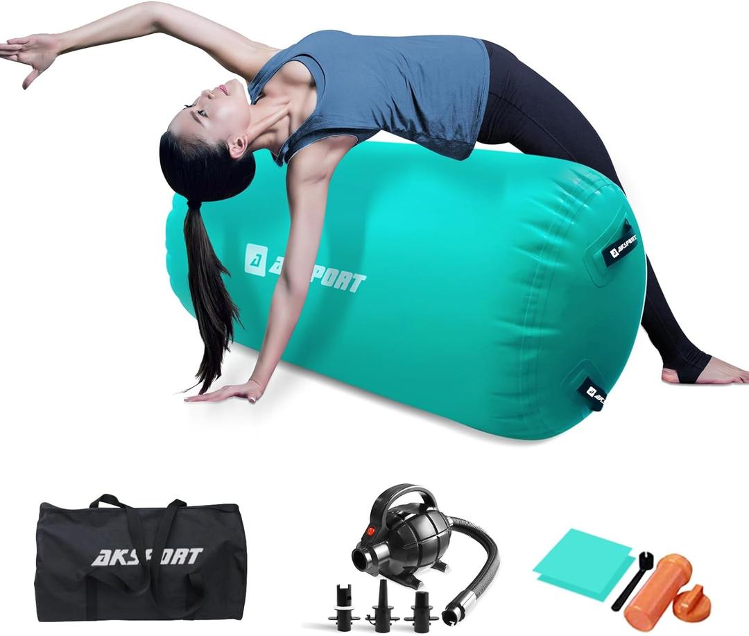 AKSPORT Air Roller Gymnastics Air Barrel for Backbends and Back Handsprings Exercise Training with Electric Air Pump for Home Use/Yoga/Cheerleading/Tumbling/Back Walkovers (47inx29.5inDiam), Green)