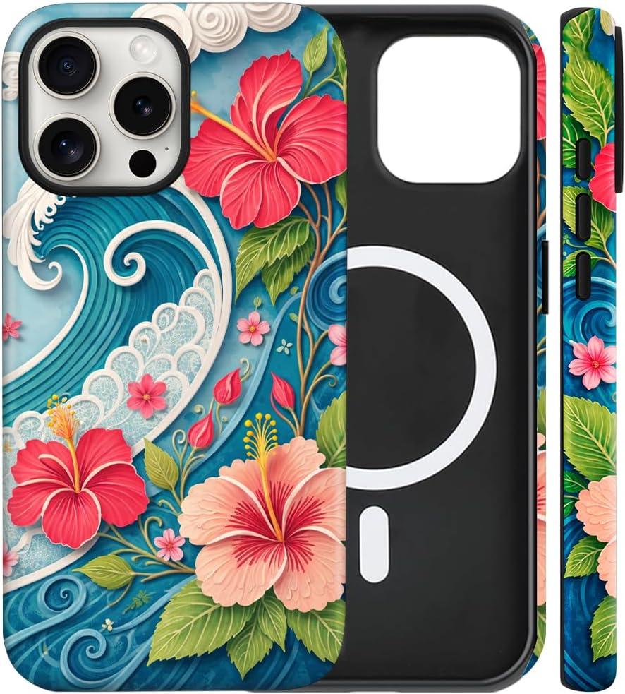 Magnetic for iPhone 16 Pro Case Cute Hibiscus Flower Ocean Wave Phone Case, Tropical Floral Beach Shockproof Slim TPU and Hard PC Protective Phone Cover Compatible with MagSafe Gift for Women