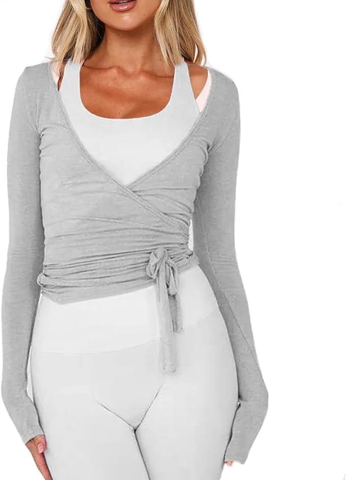 Womens Slim Fit Tie Front Open Front Wrap Long Sleeve T Shirt Y2K Ballet Going Out Cardigan Aesthetic Casual Tops (Large, Gray)
