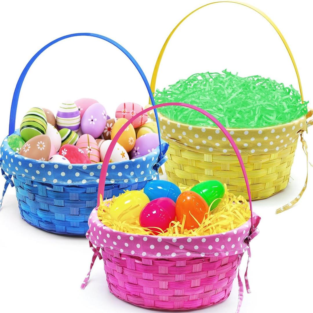 3 Pack Bamboo Easter Baskets with Polka Dots Liner, 3 Colors Woven Easter Egg Hunt Baksets with Handle, Kids Party Favors Supplies for Picnic Preschool Classroom Prizes Spring Decor Gifts